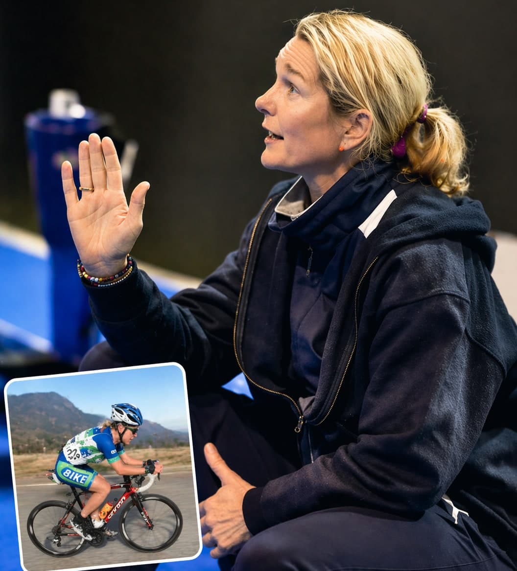 Maestra Dorina Vaccaroni coaching, with an inset photograph of her racing on a road bike