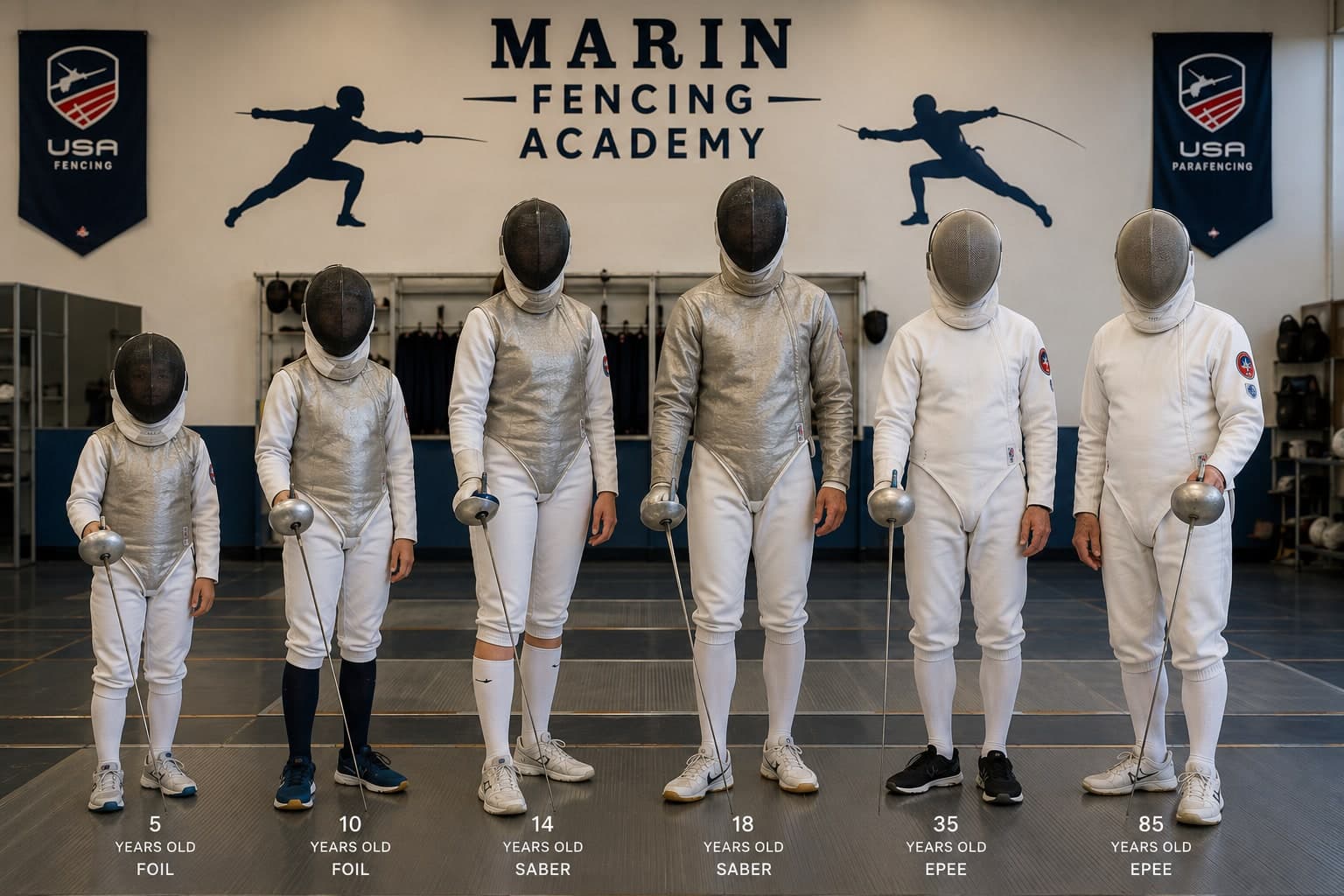 Fencers of every age standing together at Marin Fencing Academy, from five years old to eighty-five